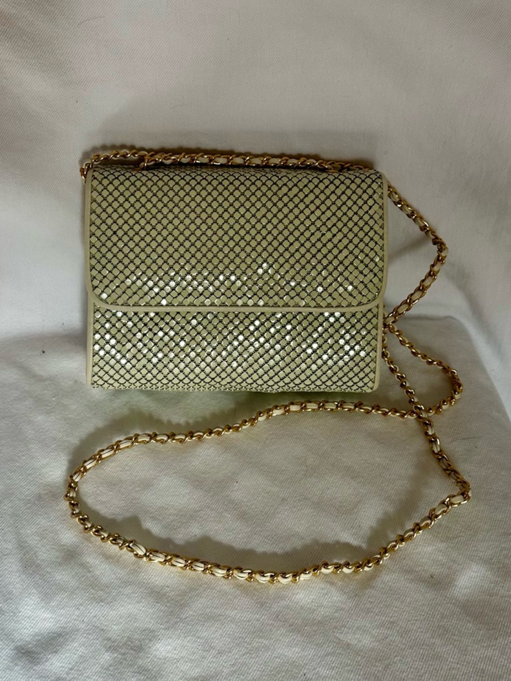 Whiting & Davis Structured Vintage Cream Alumesh Crossbody Bag